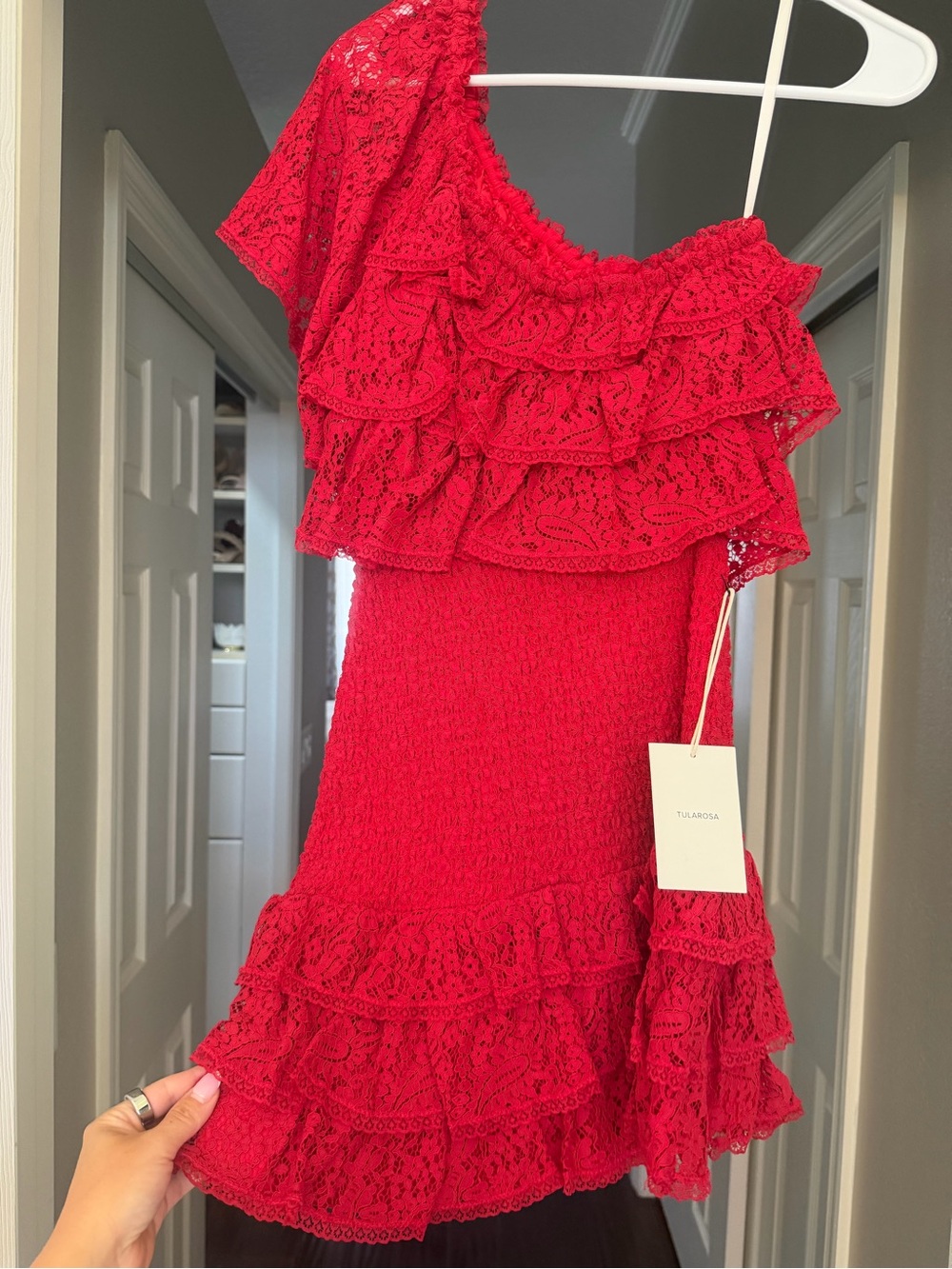 Tularosa Scarlet Lace One-Shoulder Ruffle Dress